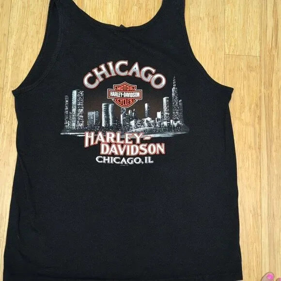 Harley-Davidson Chicago Skyline Black Tank with Red Flames Size XL - Picture 3 of 6